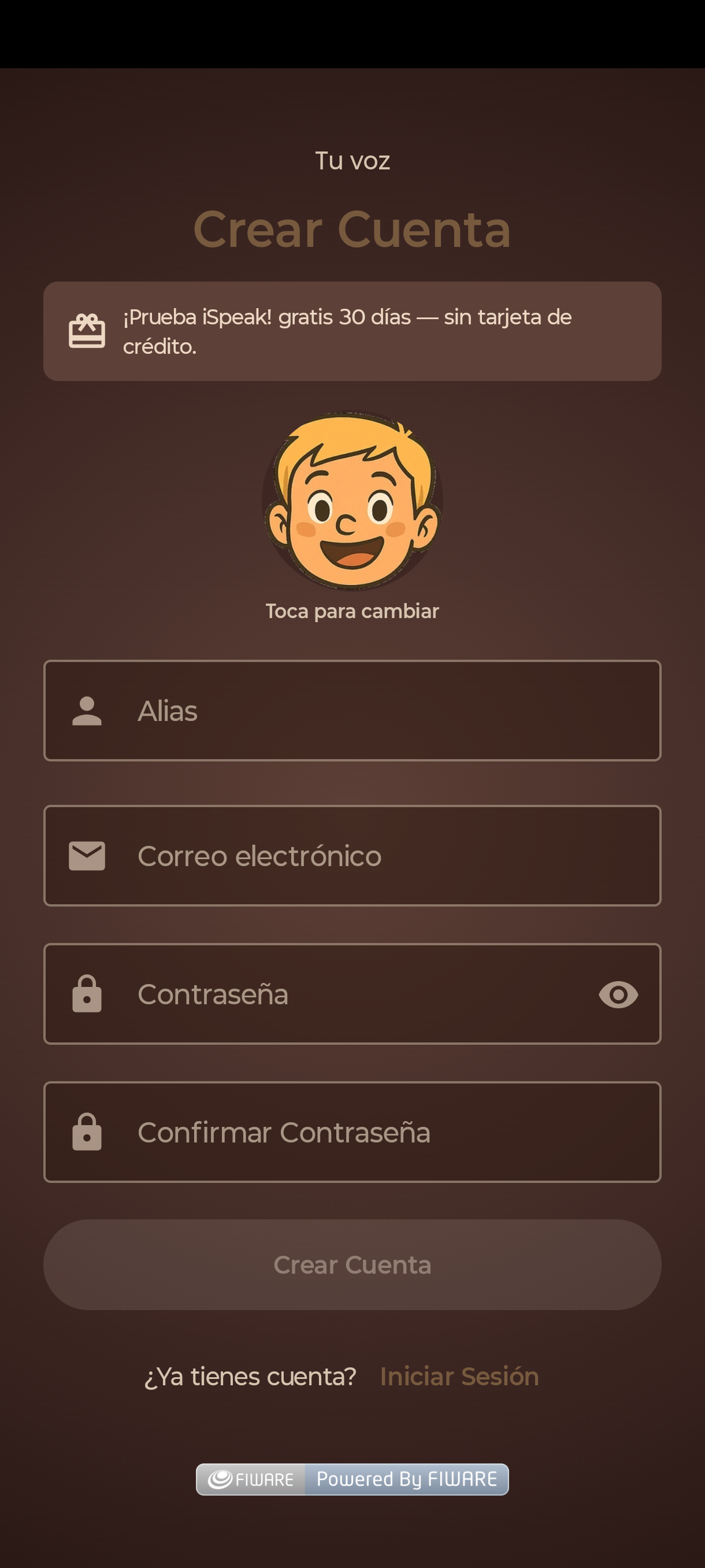 Formulario Crear Cuenta: alias, correo y contraseña