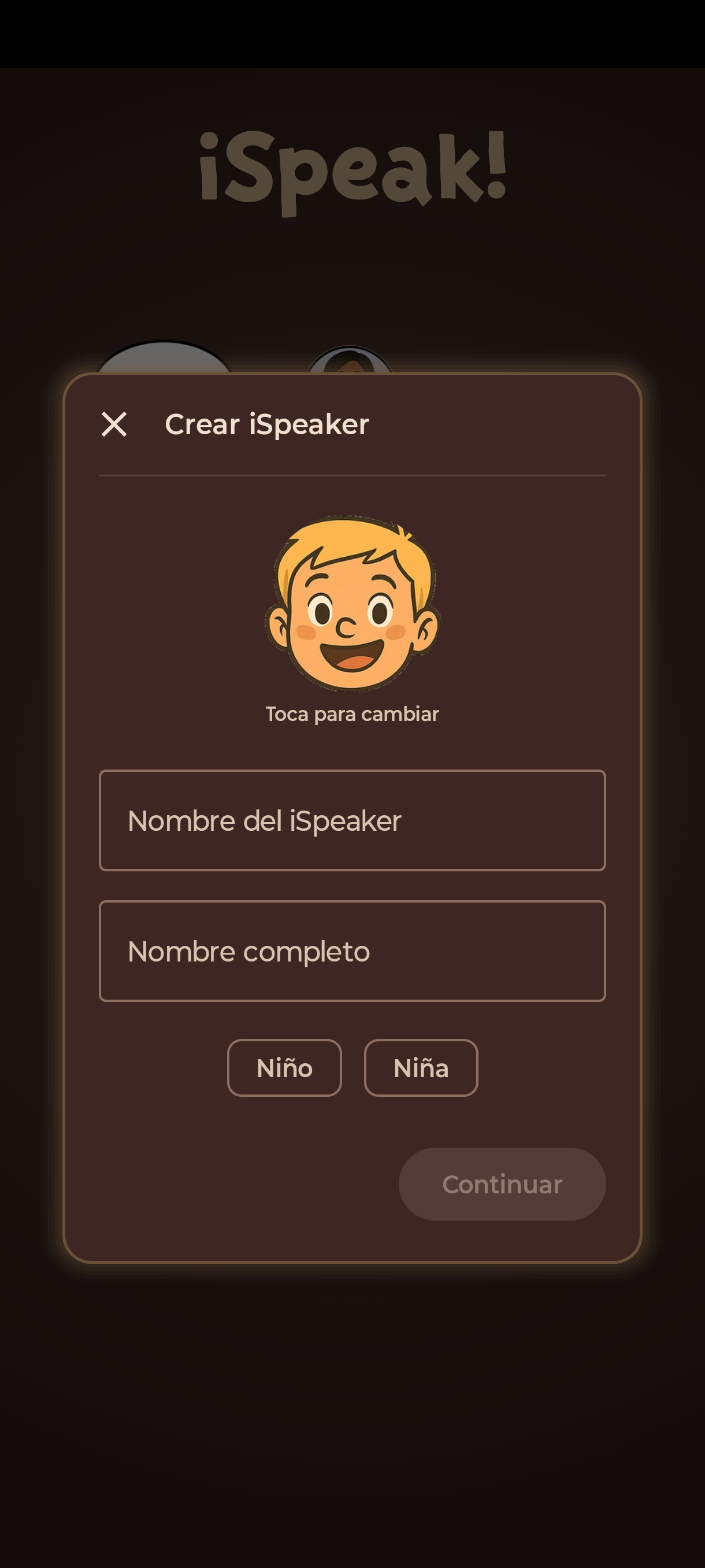 Formulario Crear iSpeaker: nombre y elegir Niño o Niña