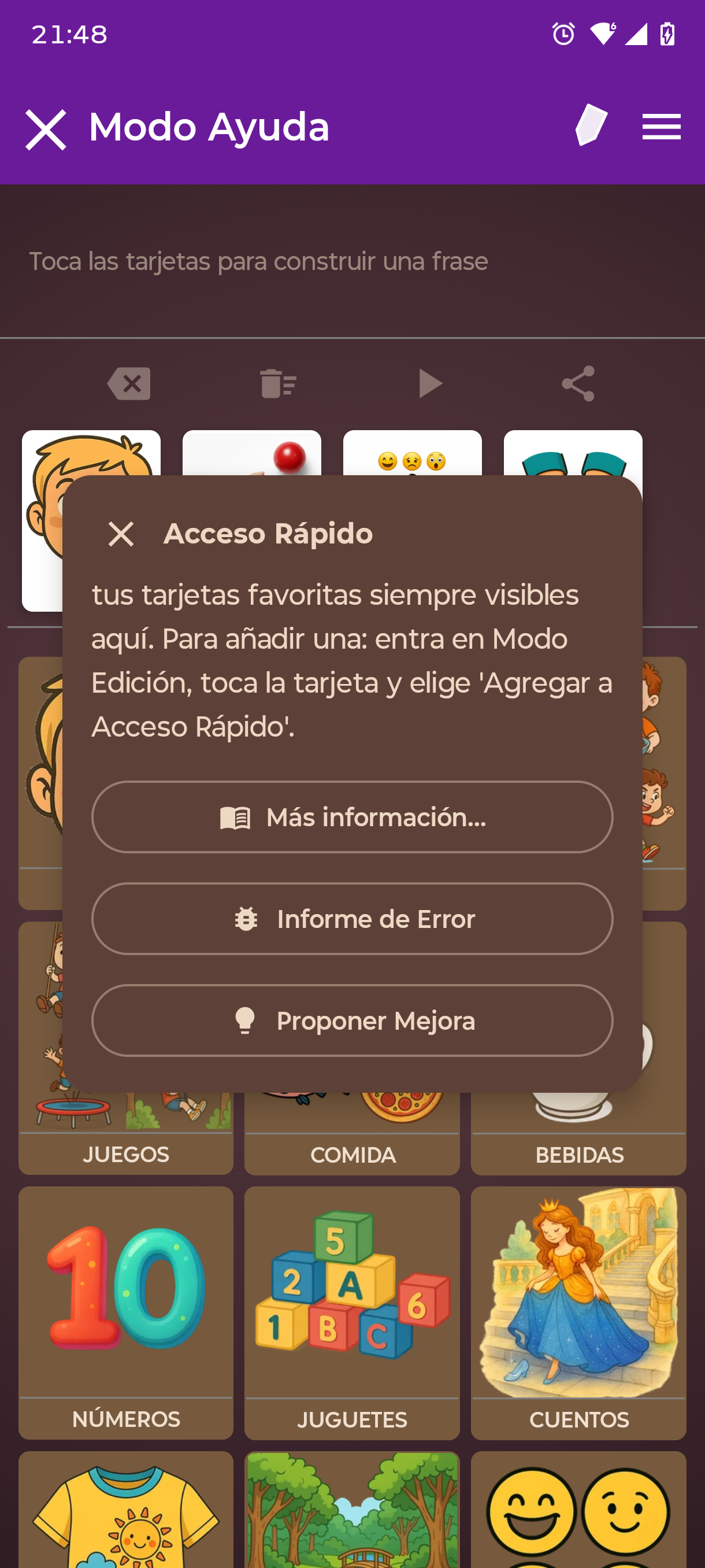 Modo Ayuda: una ventanita titulada «Acceso Rápido» lo explica, con botones Más información, Informe de Error y Proponer Mejora
