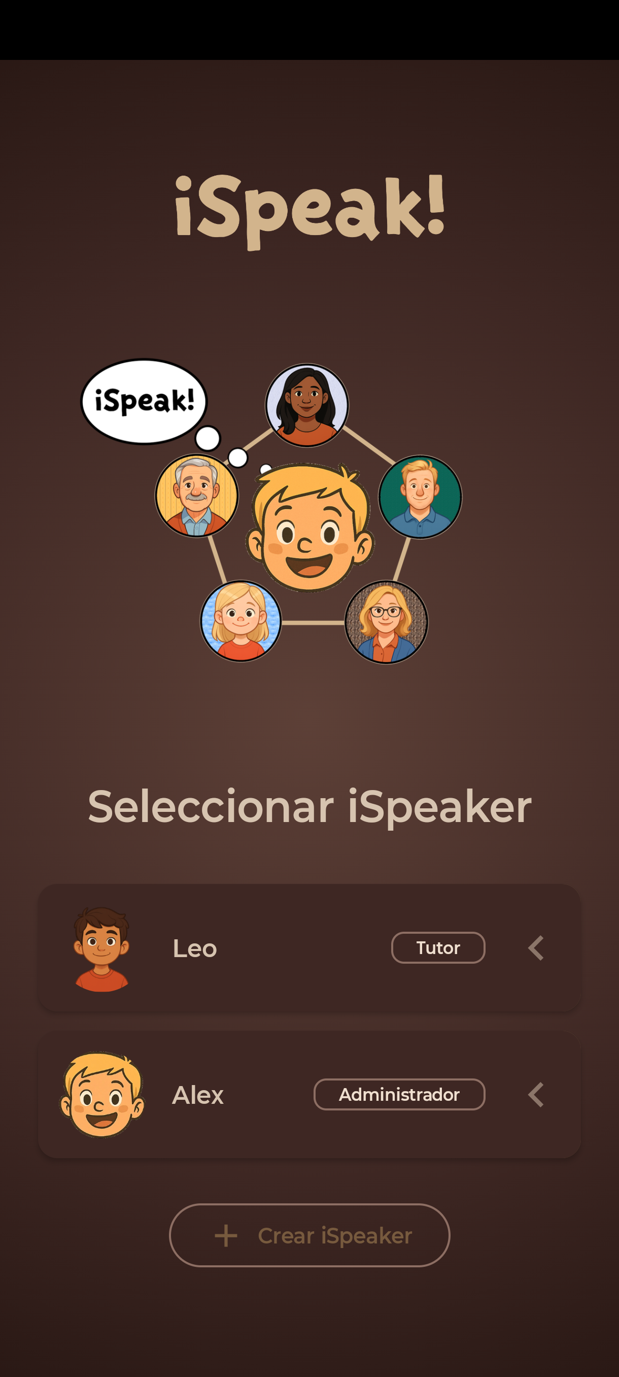 Lista Seleccionar iSpeaker con Alex (Administrador) y Leo (Tutor)