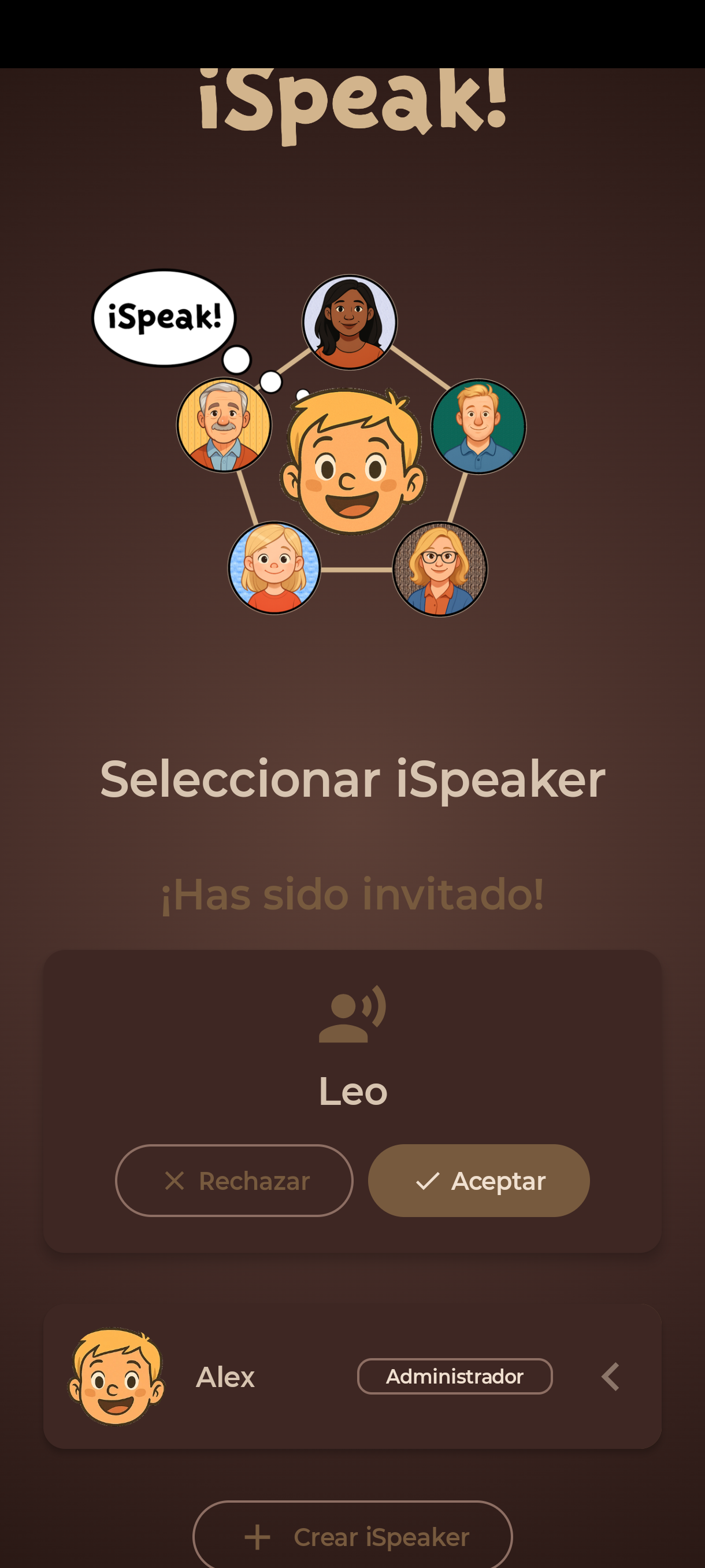 Pantalla Seleccionar iSpeaker con una invitación pendiente (Aceptar/Rechazar) encima de tu iSpeaker Alex