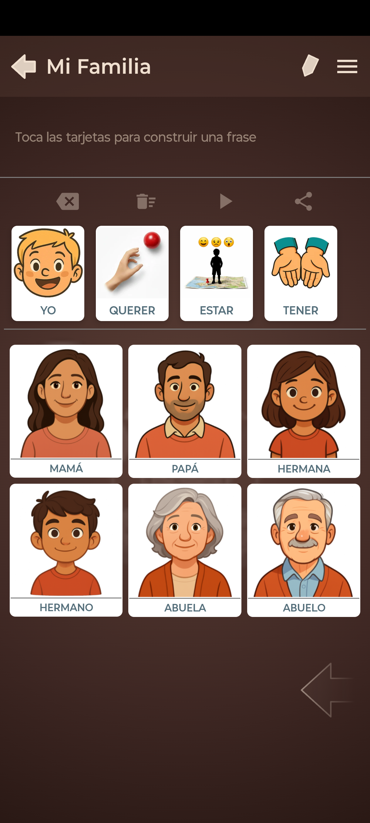 Tablero Mi Familia con tarjetas Mamá, Papá, Hermana, Hermano, Abuela y Abuelo