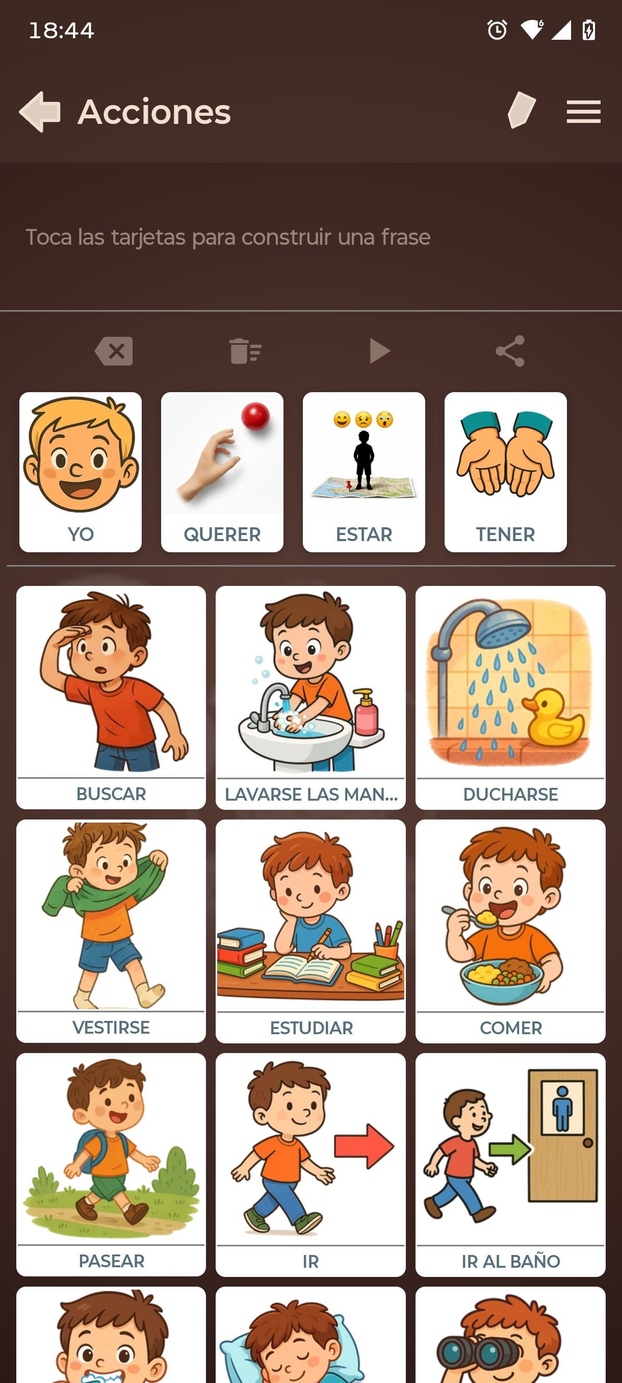 Tablero Acciones con la barra de frase vacía; los verbos aparecen en infinitivo: buscar, ducharse, comer…
